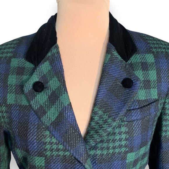 Vintage J. McLaughlin Blazer Jacket Hourglass Patchwork Green Plaid Velvet 10 - Picture 2 of 9